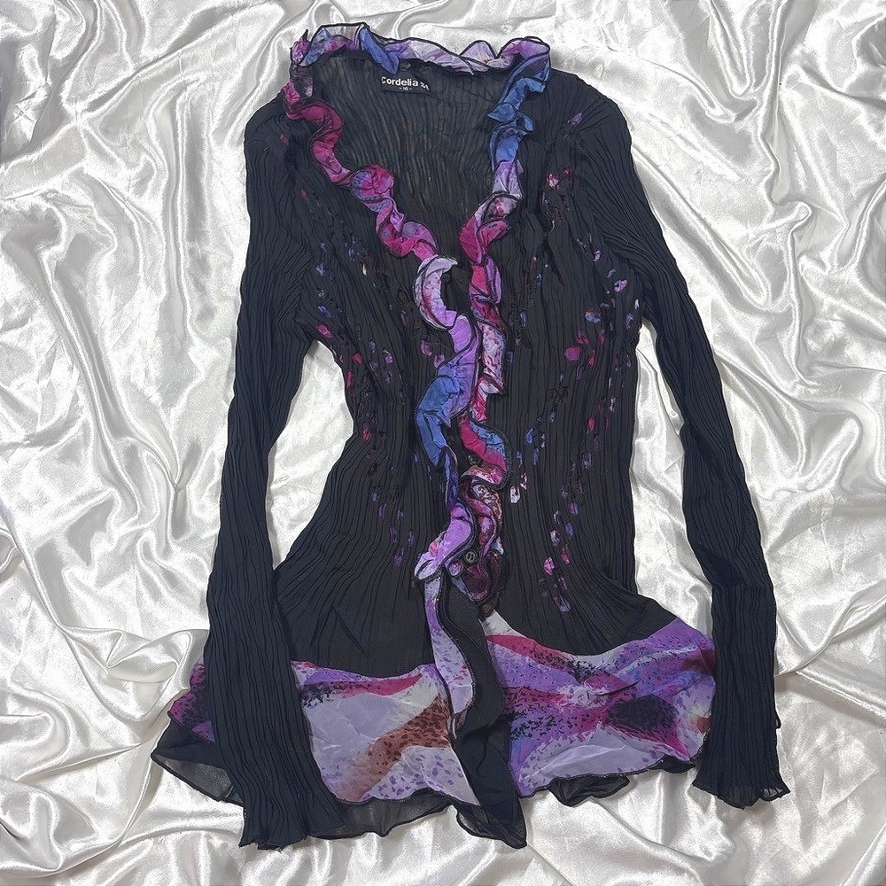 y2k Cordelia St Ruffle Button Up Top Black Purple Pleated Burnout 16 - Picture 1 of 6
